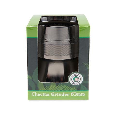 A front view of the Chacma 63mm Magnetic Grinder with Ashtray, showcasing its metallic finish and cylindrical shape.