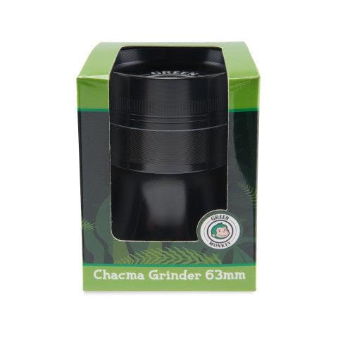 Front view of the Chacma 63mm Magnetic Grinder with Ashtray, showcasing its sleek, dark finish and cylindrical shape.