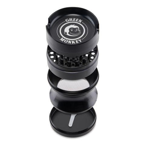 A top-down view of the Chacma 63mm Magnetic Grinder with Ashtray, showcasing its stacked sections and dark metal finish.