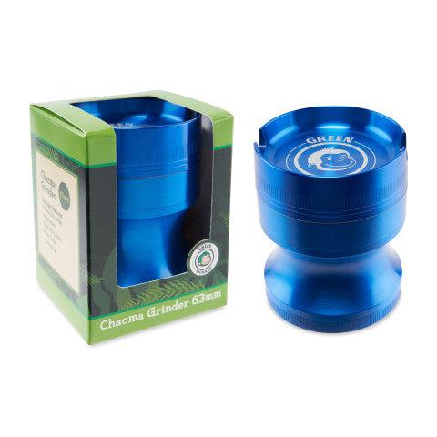 A close-up, angled view of the Chacma 63mm Magnetic Grinder with Ashtray, showcasing its metallic blue finish and cylindrical shape.