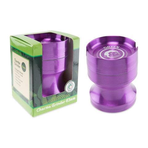 A close-up of the purple Chacma 63mm Magnetic Grinder with Ashtray, showing its multi-tiered cylindrical design and branded packaging.