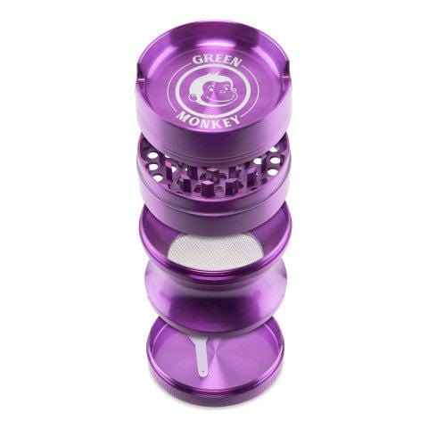 A slightly angled view of the Chacma 63mm Magnetic Grinder with Ashtray, showcasing its stacked, metallic purple sections.