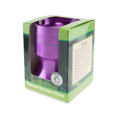 Front view of the Chacma 63mm Magnetic Grinder with Ashtray, showcasing its purple metallic finish and compact cylindrical shape.