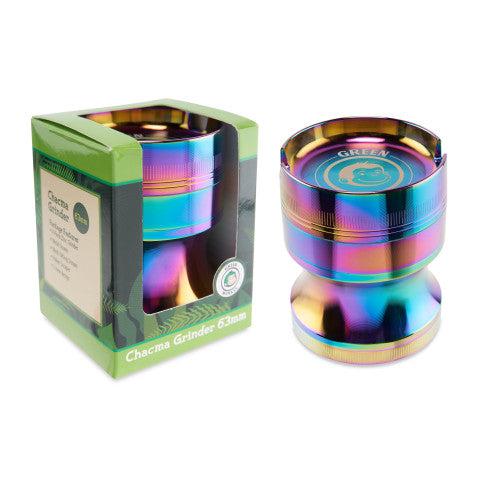 A close-up, angled shot of the silver Chacma 63mm Magnetic Grinder with Ashtray, showcasing its metallic finish and circular design.