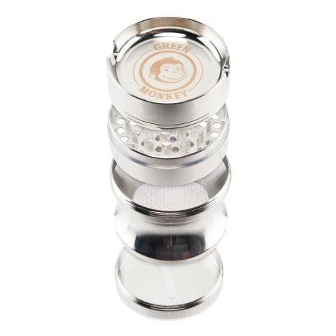 A front view of the Chacma 63mm Magnetic Grinder with Ashtray, showcasing its stacked, metallic components.