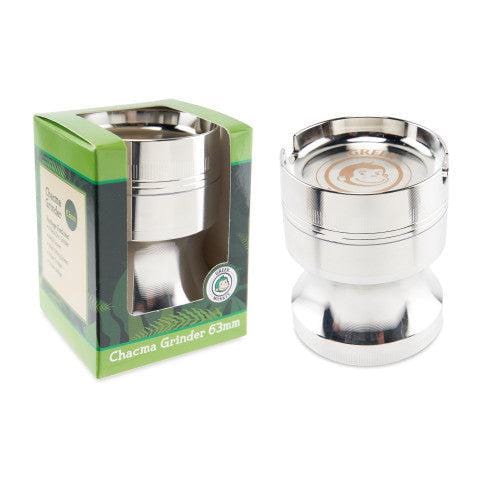 A front view of the silver Chacma 63mm Magnetic Grinder with Ashtray, highlighting its cylindrical shape and metallic finish.