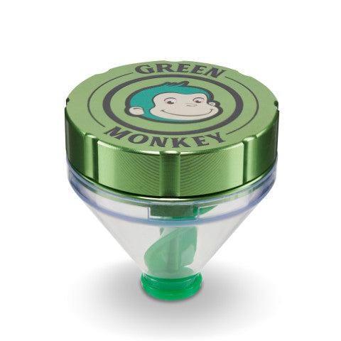 Front view of the Patas 50mm Funnel Grinder, showcasing its clear and green design with a funnel-shaped top.