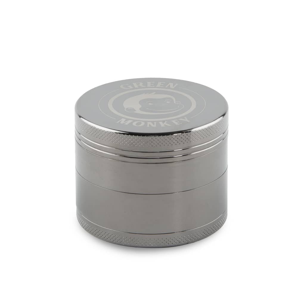 Front view of the Capuchin 50mm Grinder, a sleek, silver metal grinder presented in a close-up studio shot.