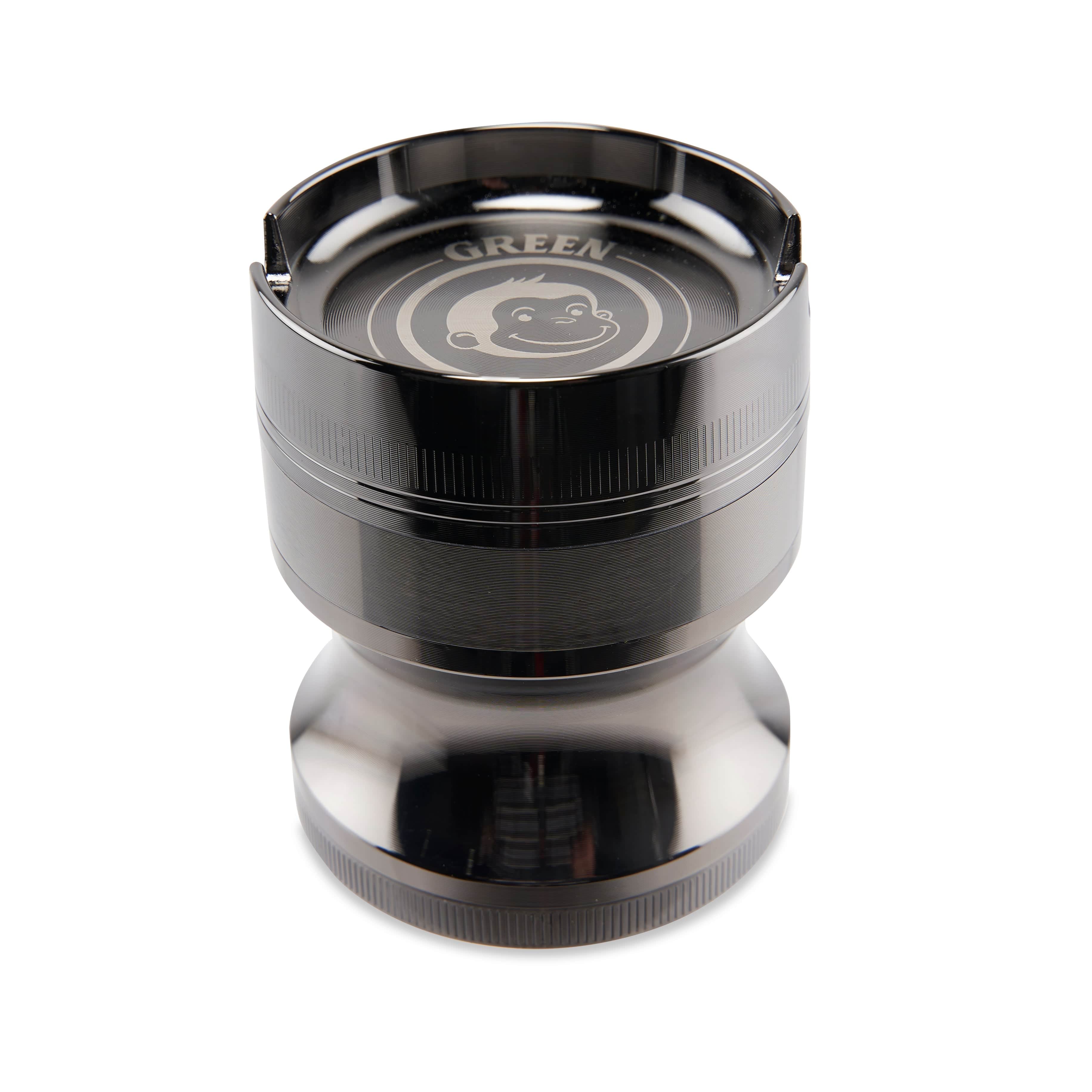 A straight-on view of the Chacma 63mm Magnetic Grinder with Ashtray, featuring a sleek, metallic finish and multi-tiered design.