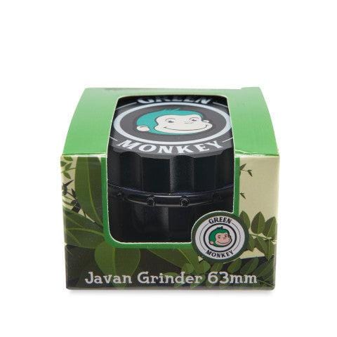 Front view of the Javan 63mm Magnetic Herb Grinder against a dark background, highlighting its silver and black design.