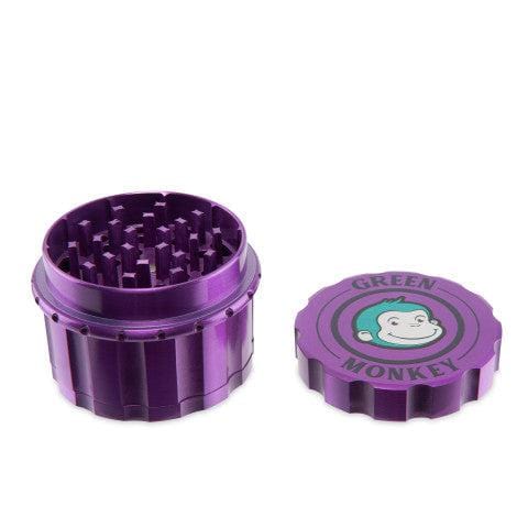 A close-up, angled view of the Javan 63mm Magnetic Herb Grinder, featuring a multi-tiered, purple metallic design.