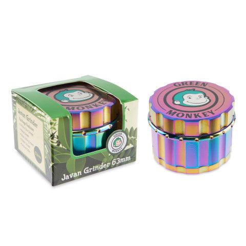 Front view of the Javan 63mm Magnetic Herb Grinder, showing a silver and black multi-tiered design with a visible magnetic closure.