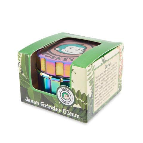 Front view of the Javan 63mm Magnetic Herb Grinder, a silver and black metal grinder with a magnetic closure.