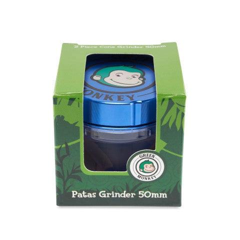 Front view of the Patas 50mm Funnel Grinder with a metallic finish, showcasing its cylindrical shape against a dark background.
