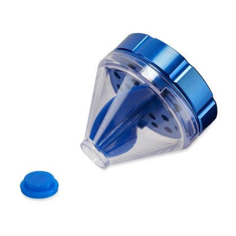 A slightly angled view of the Patas 50mm Funnel Grinder with a clear funnel and blue base on a white background.