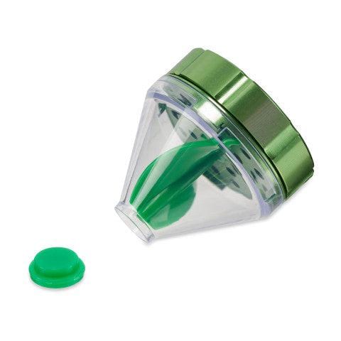 A slightly angled overhead view of the 50mm Patas Funnel Grinder, highlighting its clear construction.