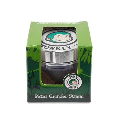 Front view of the Patas 50mm Funnel Grinder, featuring a metallic finish and a circular logo on top.