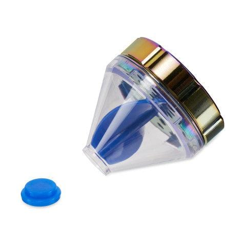 A slightly angled view of the Patas 50mm Funnel Grinder, featuring a transparent conical shape and silver accents.