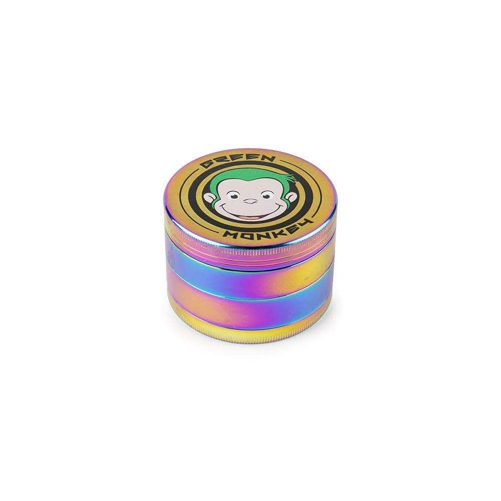 A close-up, angled view of the Capuchin 63mm Grinder, featuring a multi-colored metallic finish.