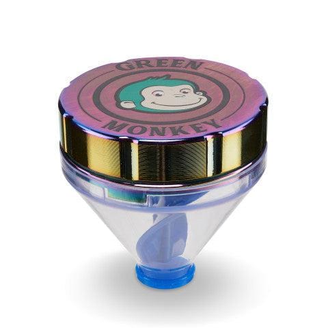A close-up, angled view of the Patas 50mm Funnel Grinder, showing its metallic and clear plastic construction.