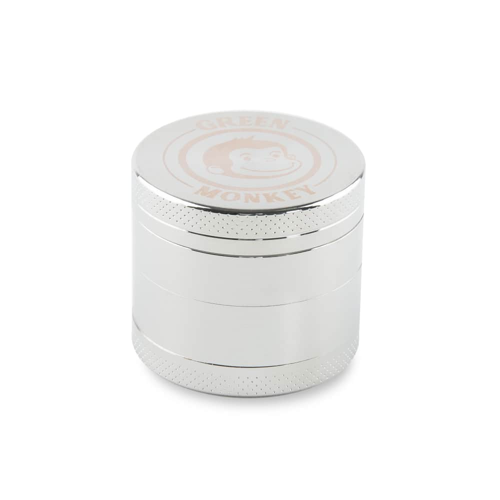 Front view of the Capuchin 40mm Grinder, a silver metal grinder with a cylindrical shape and subtle reflective highlights.