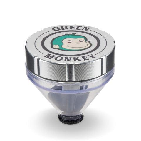 A close-up, angled view of the Patas 50mm Funnel Grinder, showcasing its metallic finish and funnel-shaped design.
