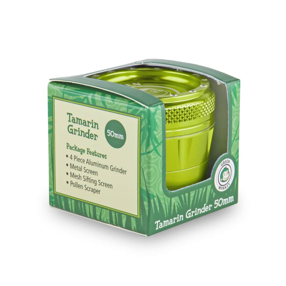 Front view of the Tamarin 50mm Grinder, a metallic device with a circular design and reflective surface.