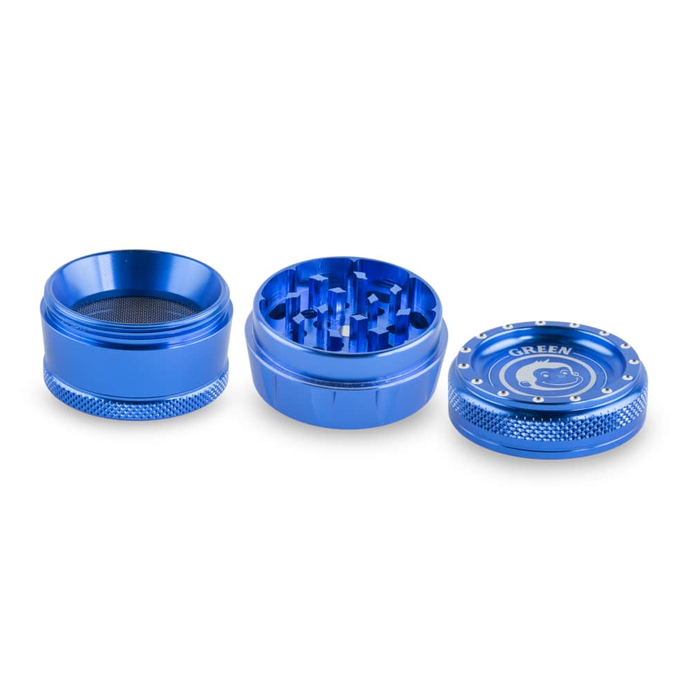 A top-down view of the 50mm Tamarin Grinder with a metallic blue finish and visible grinding teeth.
