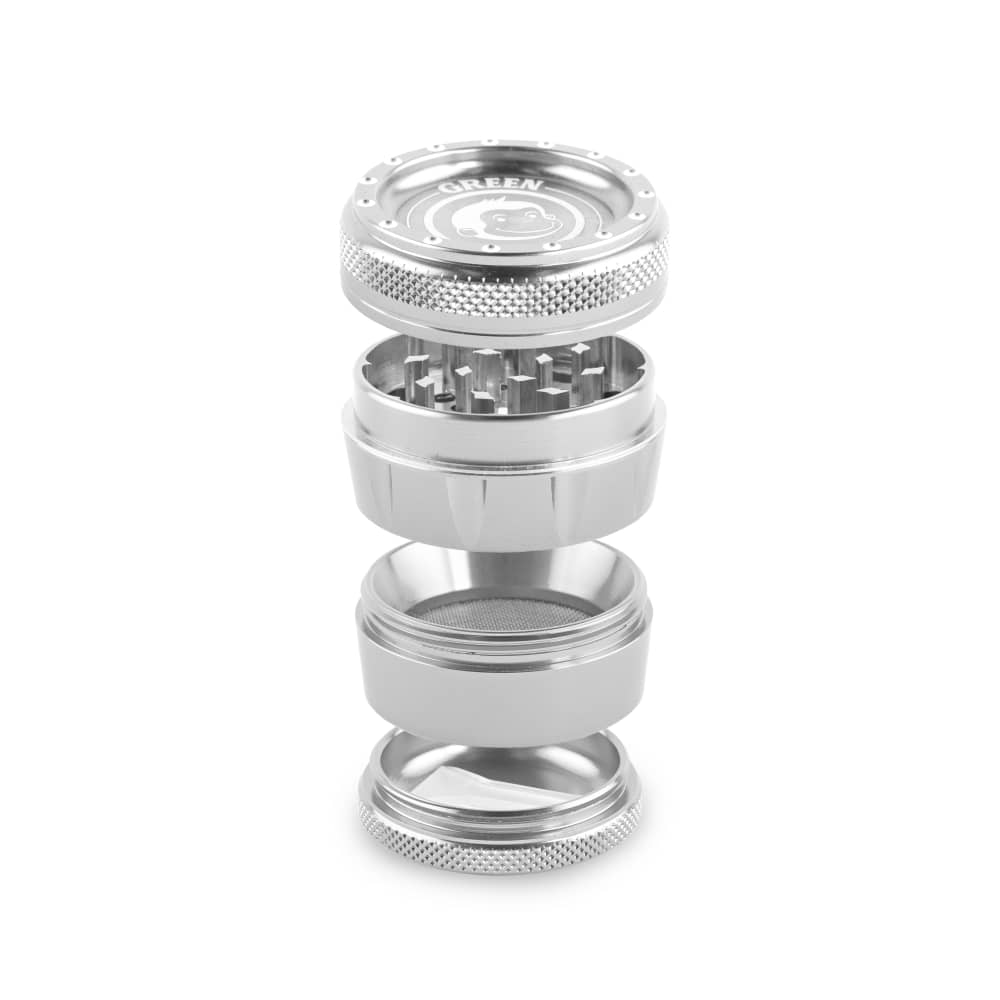 A disassembled view of the Tamarin 50mm Grinder, showcasing its silver metal components arranged in a vertical stack.