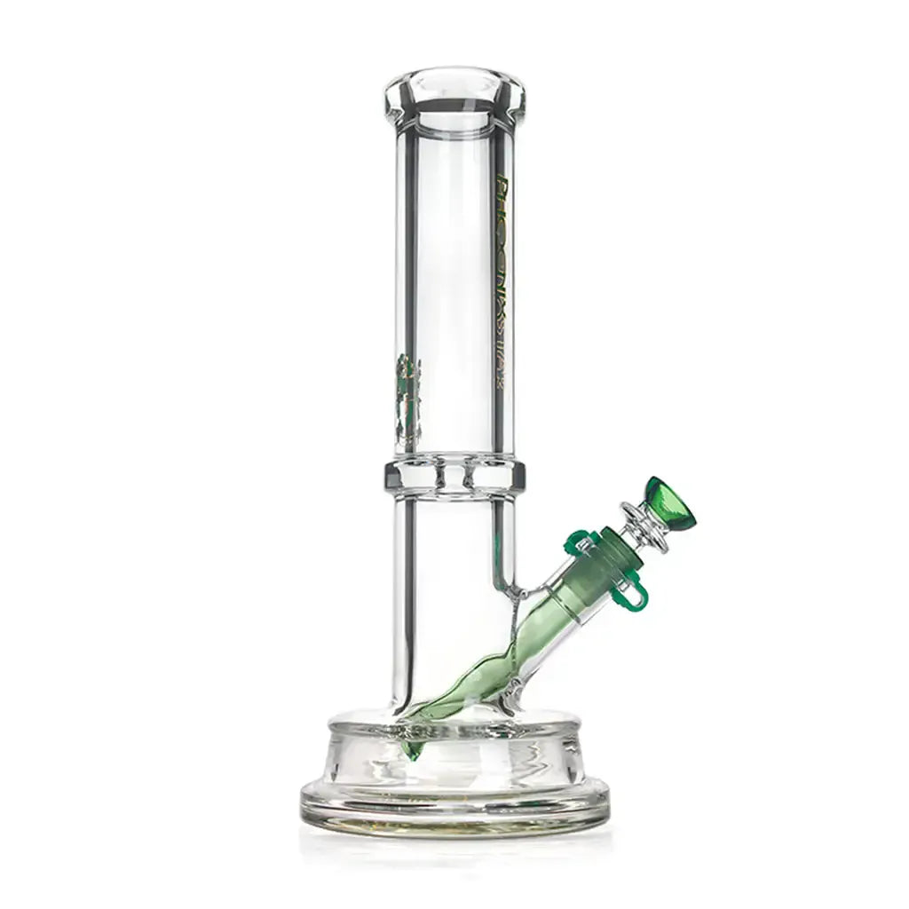Straight-on studio shot of the Green Flower Phoenix Star 7Mm Tube Bong With Thick Base 12 Inch showing a clear glass tube and thick round base with a green angled downstem and bowl.