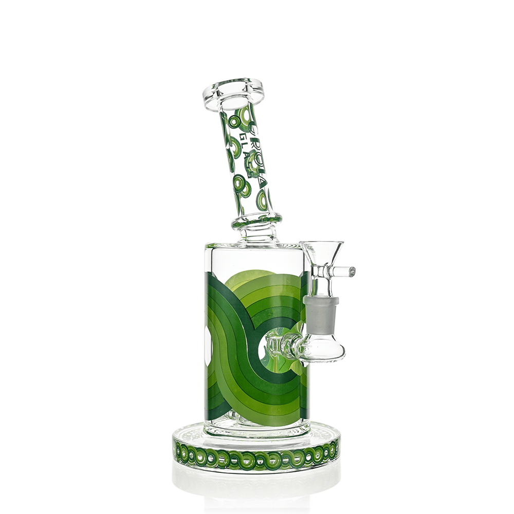 Front three-quarter view of the Croia Glass Retro Scientific Bong with Matrix Perc showing its green concentric circle design, angled mouthpiece, and patterned round base.