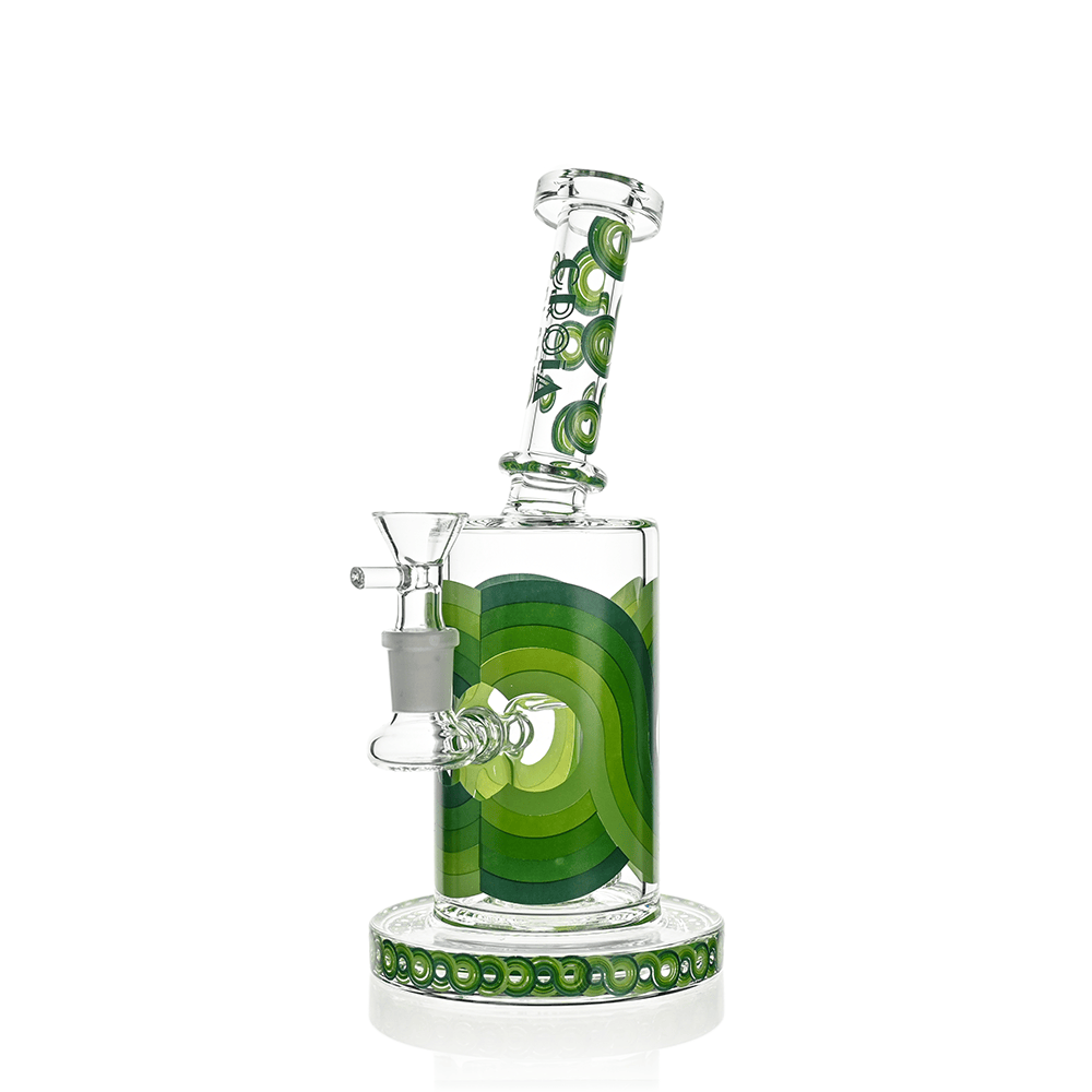 Studio-lit front view of the Croia Glass Retro Scientific Bong with Matrix Perc showing concentric green rings on the cylinder and matching green-accented mouthpiece and base.