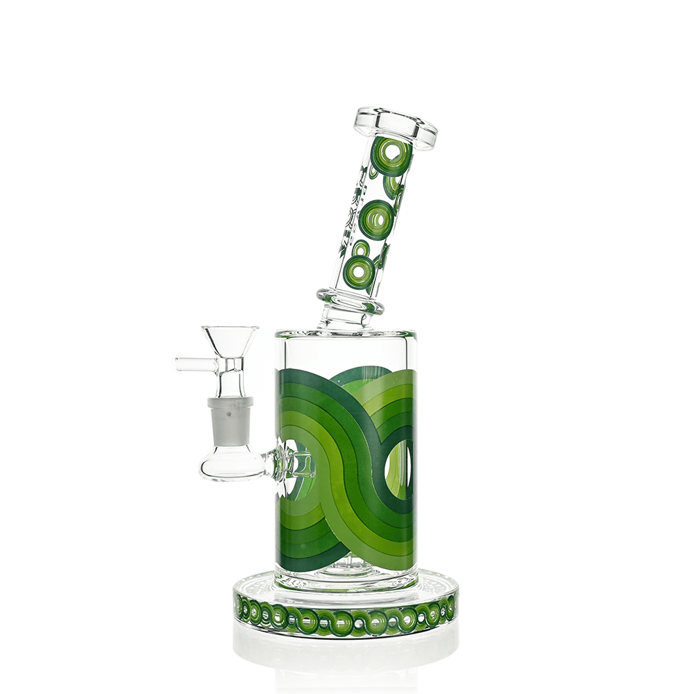 Front-view of the Croia Glass Retro Scientific Bong with Matrix Perc | Croia Glass showing a clear glass tube with green concentric ring patterns and tilted mouthpiece on a white background