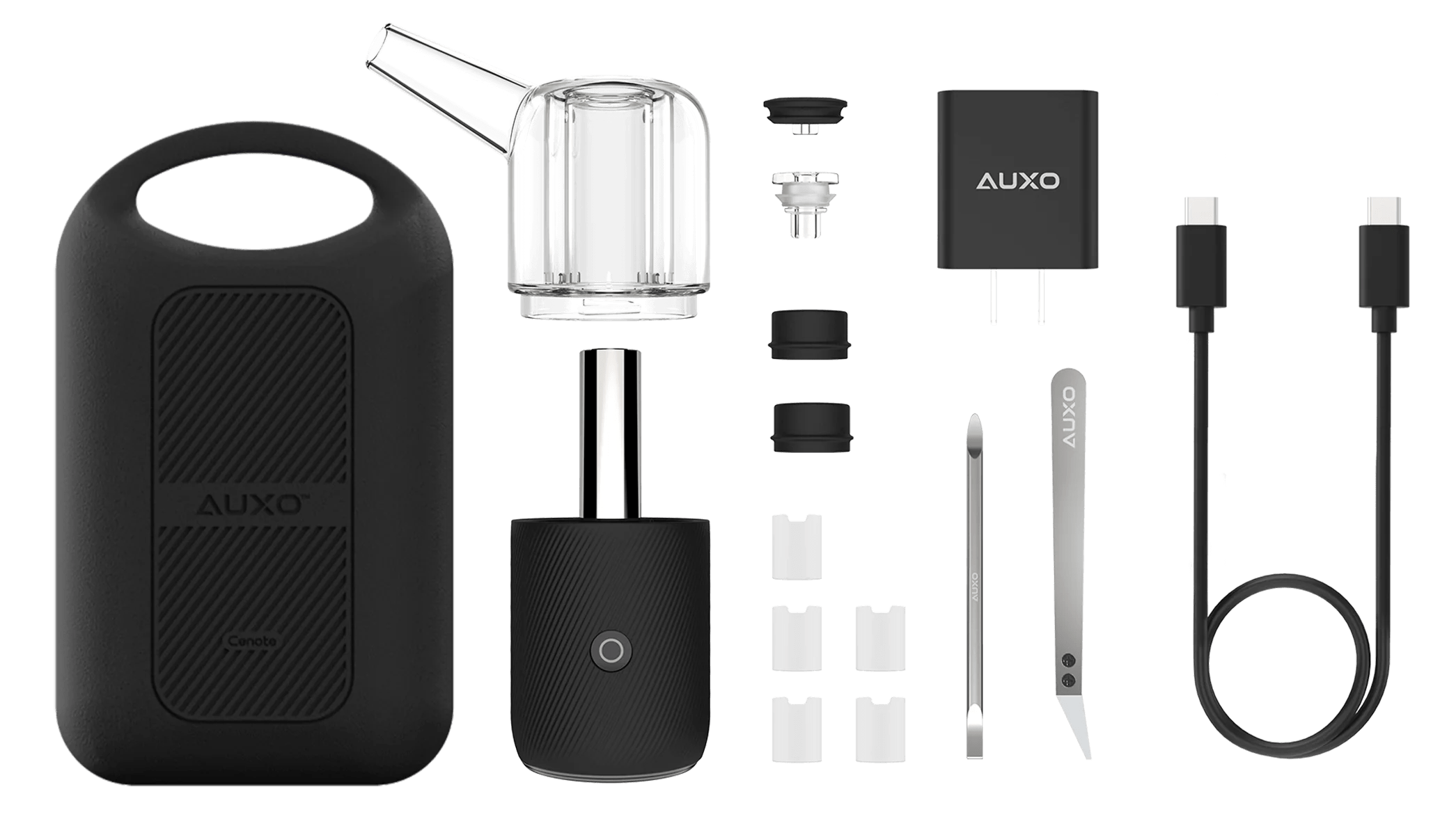 Top-down layout of the AUXO Cenote Vaporizer kit components on a black background, showing the black silicone case, glass bubbler, chargers, tools, and accessories.