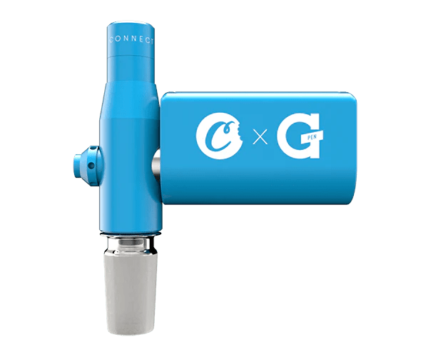 Front view of the G Pen Connect Vaporizer, showing its metallic silver and dark blue body with a clear glass mouthpiece.