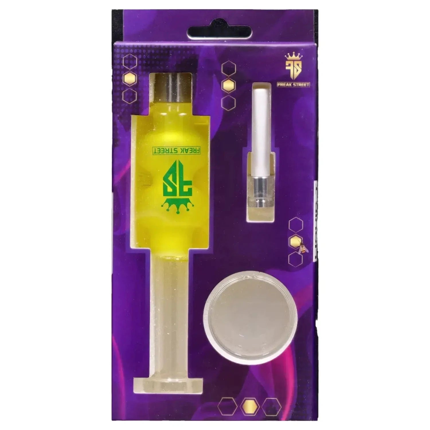 Top-down view of the packaging showing a yellow glass piece and ceramic tip inside the Freak Street Glycerin Nectar Collector w Ceramic Screw Tip - 14mm.