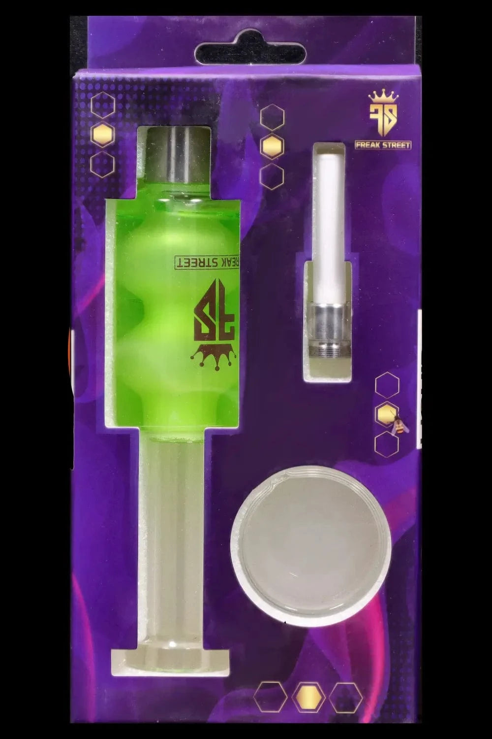 Top-down view of the yellow Freak Street Glycerin Nectar Collector w Ceramic Screw Tip - 14mm kit in purple retail packaging, showing the greenish-yellow nectar collector, ceramic tip, and round storage container visible through clear windows.