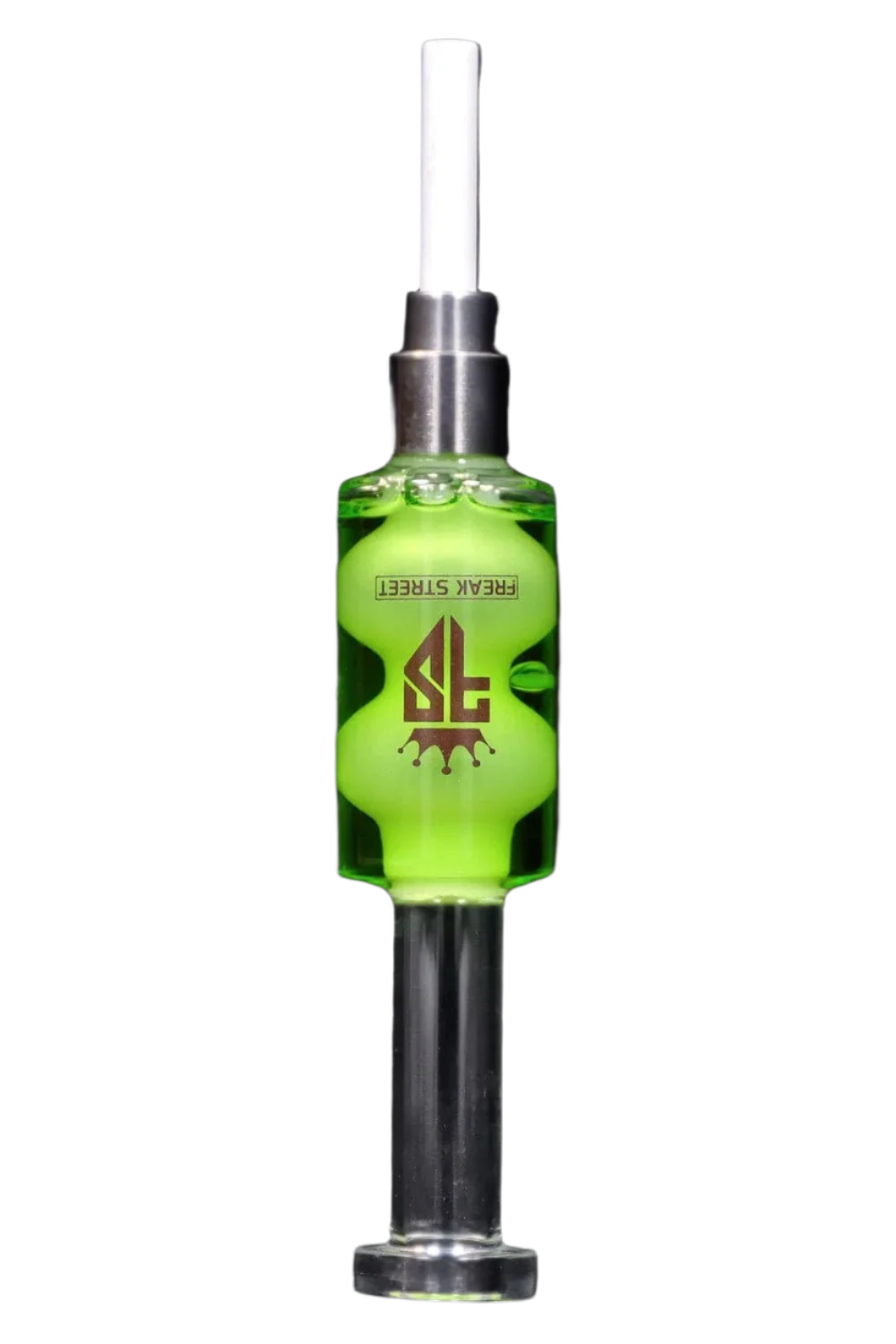 Centered vertical view of the Freak Street Glycerin Nectar Collector w Ceramic Screw Tip - 14mm showing a translucent red-tinted glass stem and bright green glycerin chamber against a black background