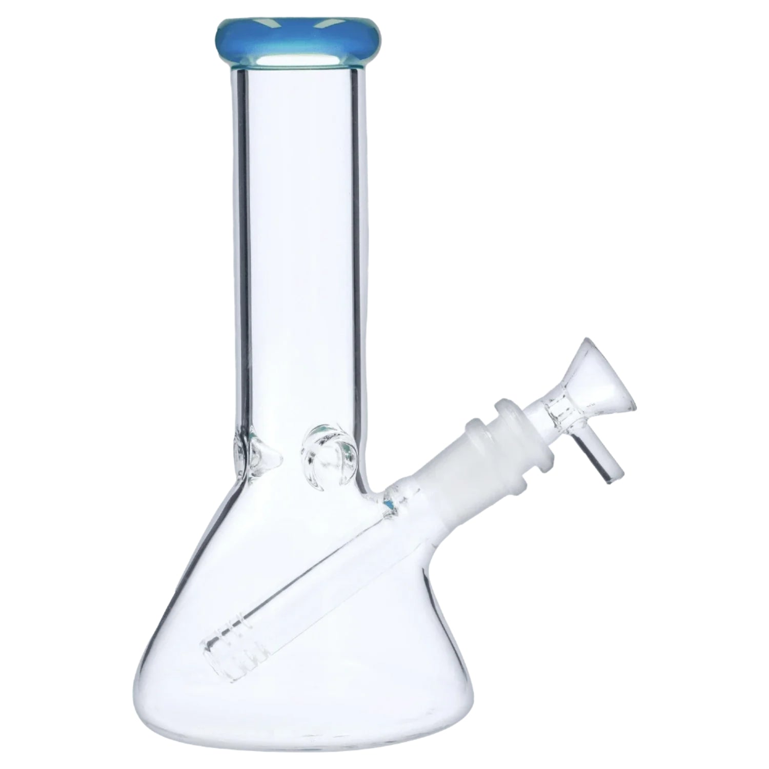 Close-up front view of the 8‚Äù 4mm Colored Mouthpiece Beaker showing a clear glass beaker body with a blue-tinted rounded mouthpiece and angled downstem.