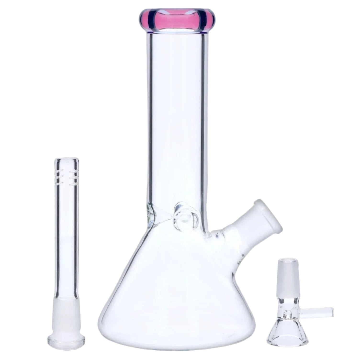 Close-up front view of the 8‚Äù 4mm Colored Mouthpiece Beaker showing its clear glass beaker body and pink-rimmed mouthpiece against a white background