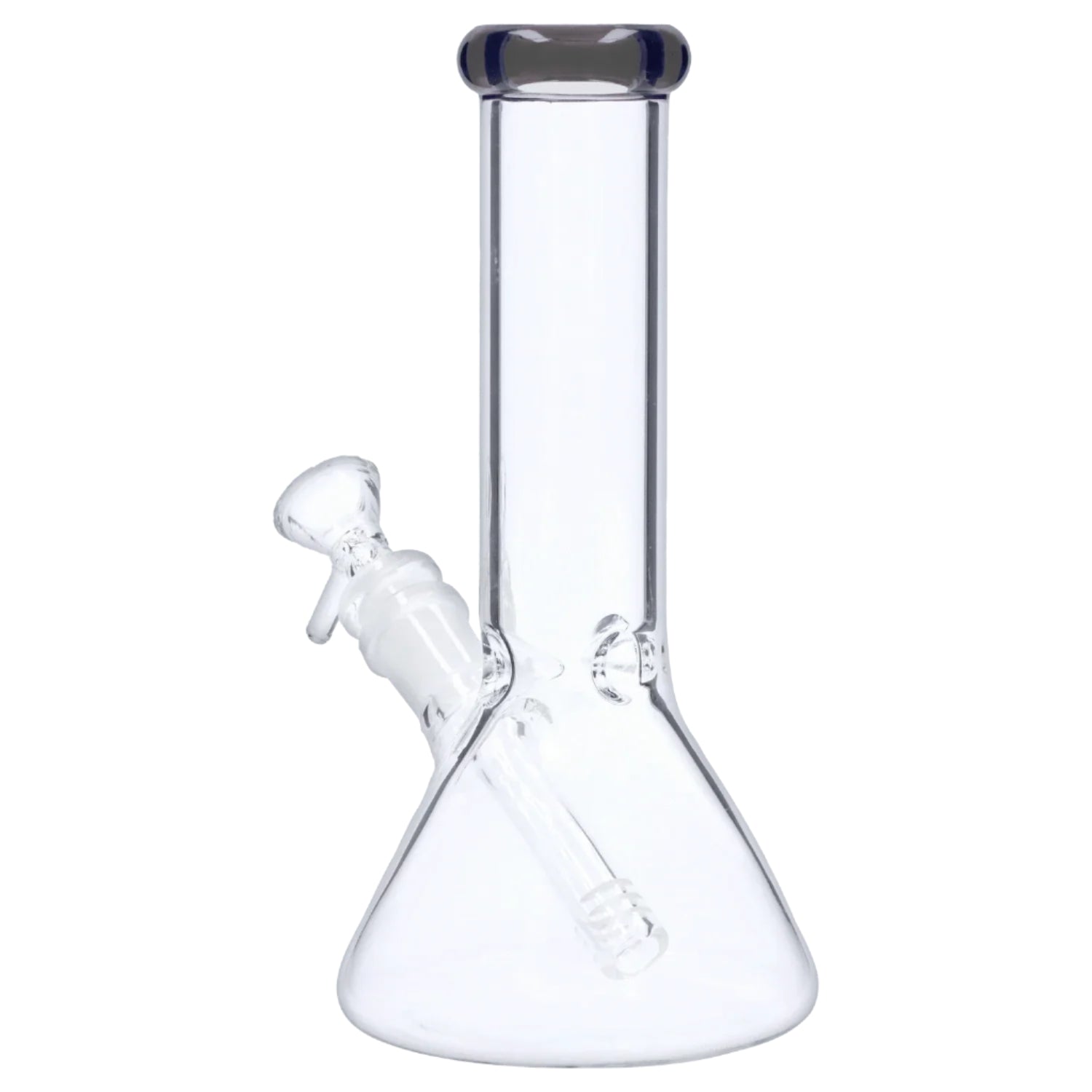 Centered front view of the 8‚Äù 4mm Colored Mouthpiece Beaker showing a clear glass beaker body, angled downstem and bowl against a white background