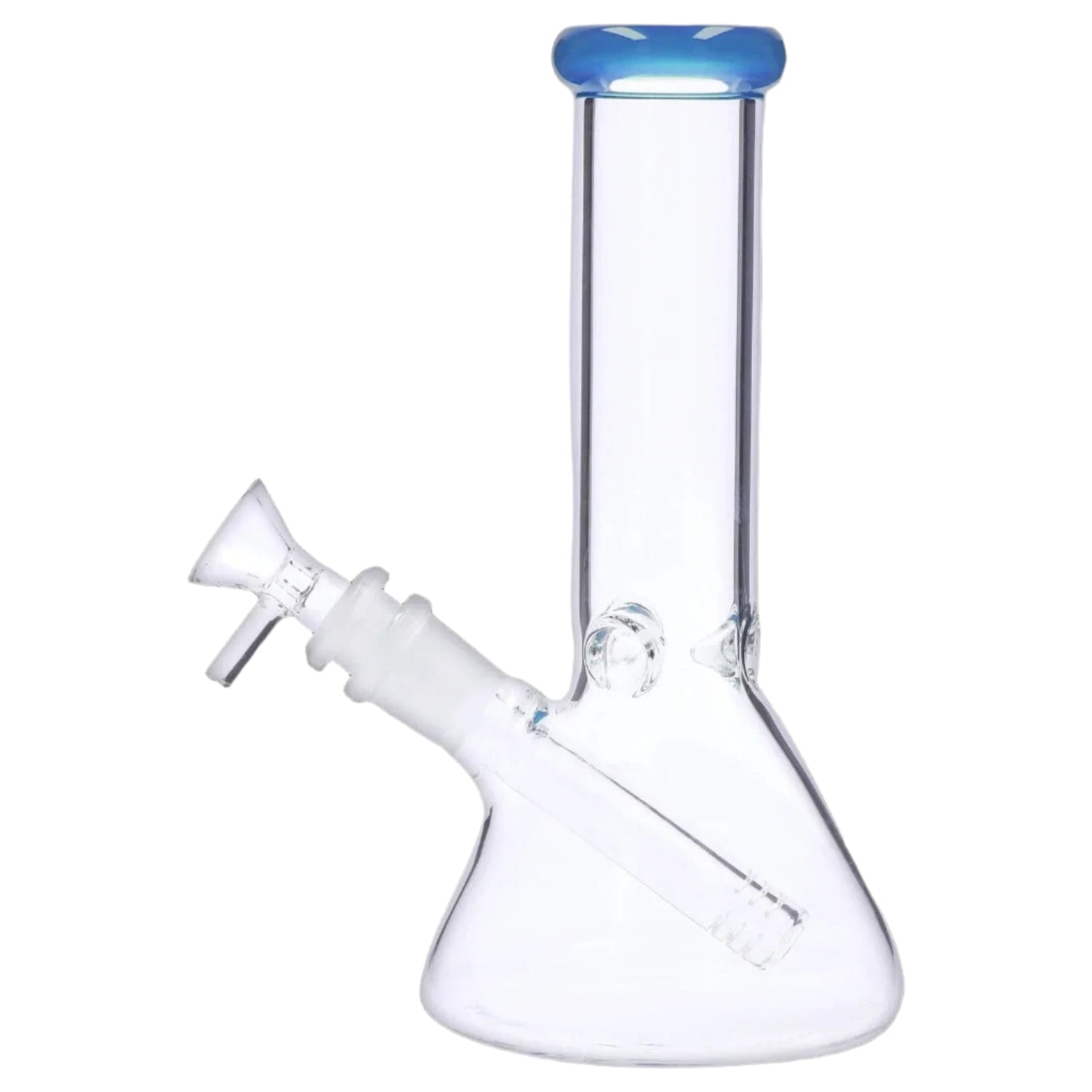 Close-up front view of the 8‚Äù 4mm Colored Mouthpiece Beaker showing a clear glass beaker body with a blue-rimmed mouthpiece and angled removable downstem.