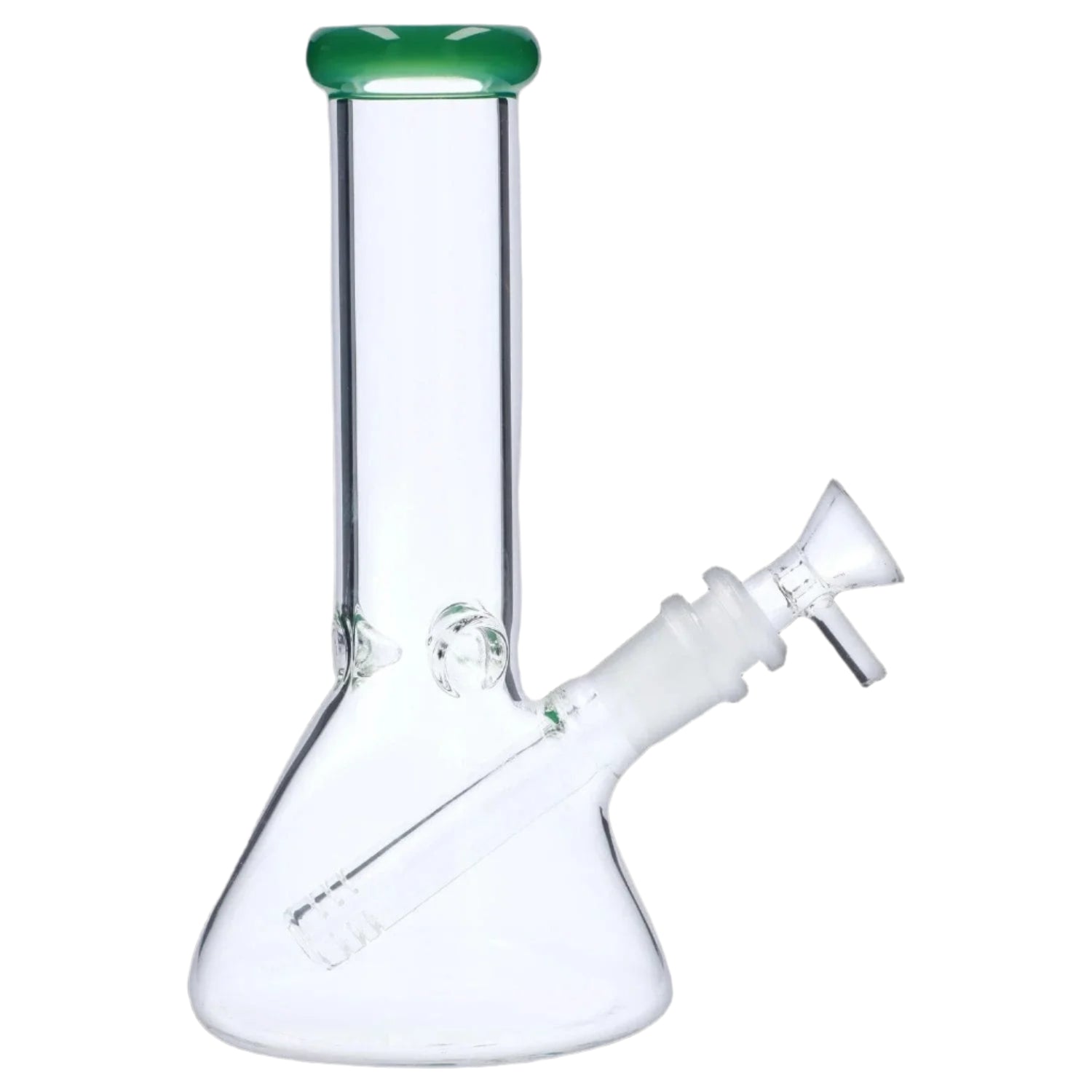 Angled close-up of the 8‚Äù 4mm Colored Mouthpiece Beaker showing a clear glass body with a green-colored mouthpiece.