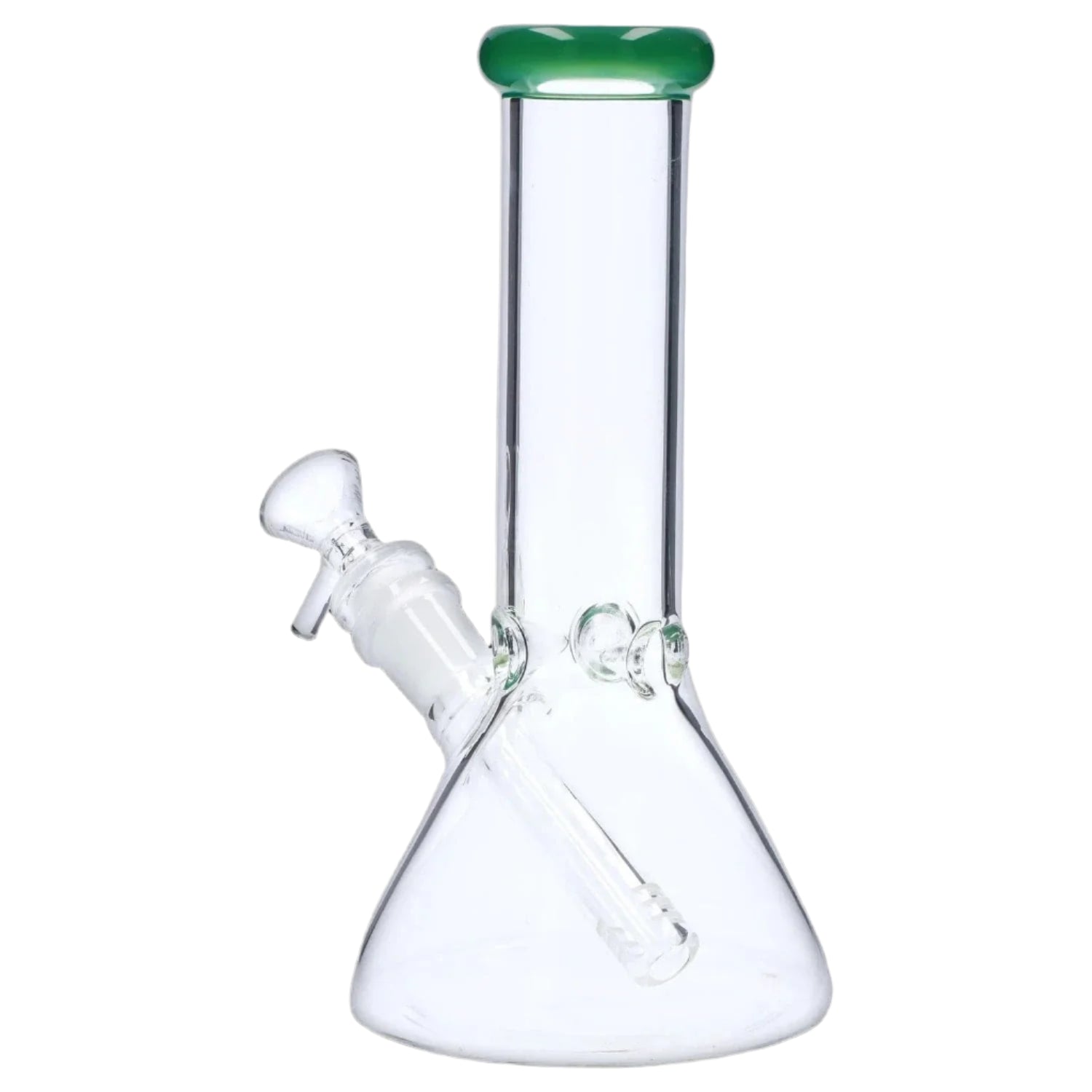 Close-up front view of the 8‚Äù 4mm Colored Mouthpiece Beaker showing a clear glass beaker body with a green colored mouthpiece and angled downstem.