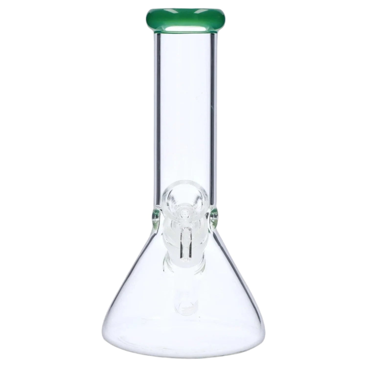 Front view of the 8‚Äù 4mm Colored Mouthpiece Beaker showing a clear glass beaker body with a green colored mouthpiece against a white background.