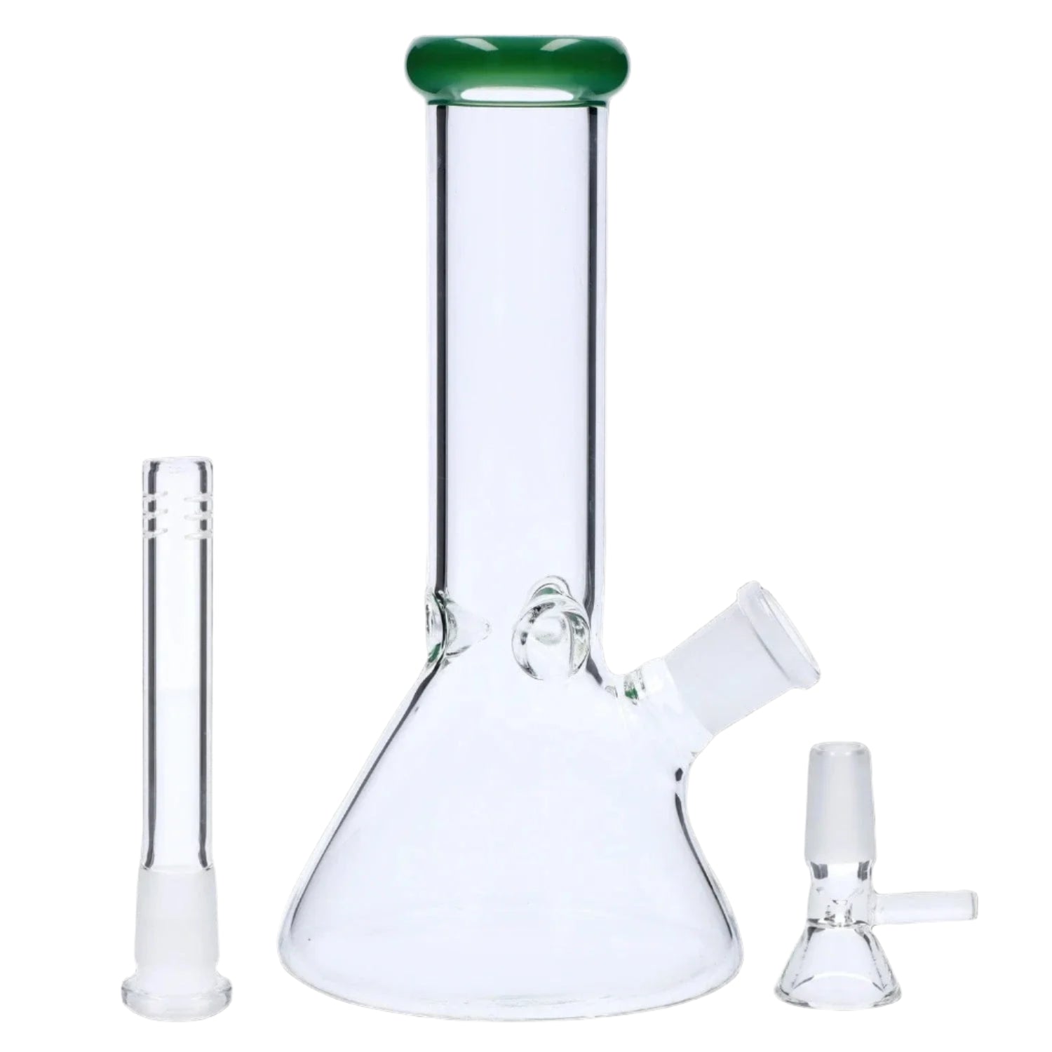 Close-up front view of the 8‚Äù 4mm Colored Mouthpiece Beaker showing its clear glass beaker body with a visible green-colored rounded mouthpiece and two separate glass accessories on a white background.
