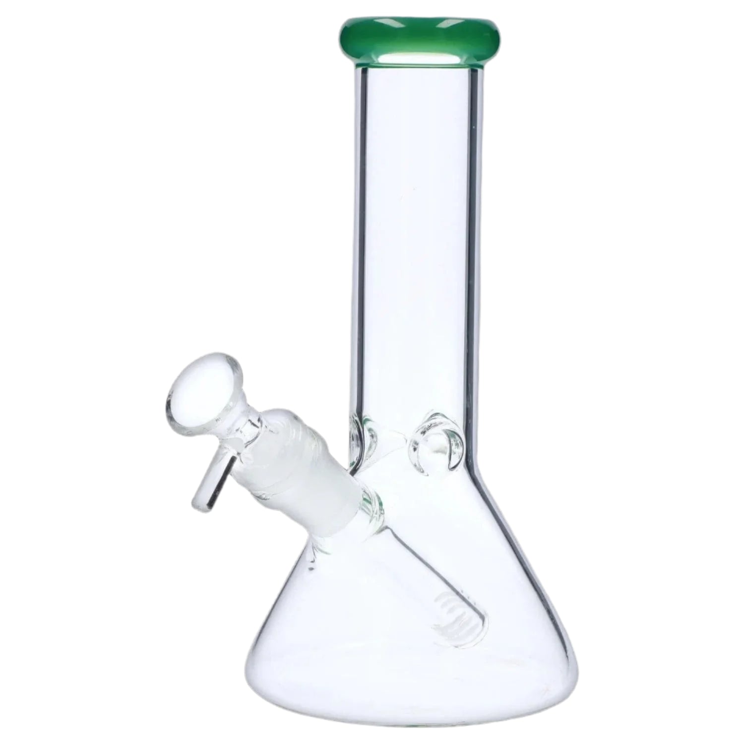 Close-up front view of the 8‚Äù 4mm Colored Mouthpiece Beaker showing its clear glass beaker body and green colored mouthpiece.