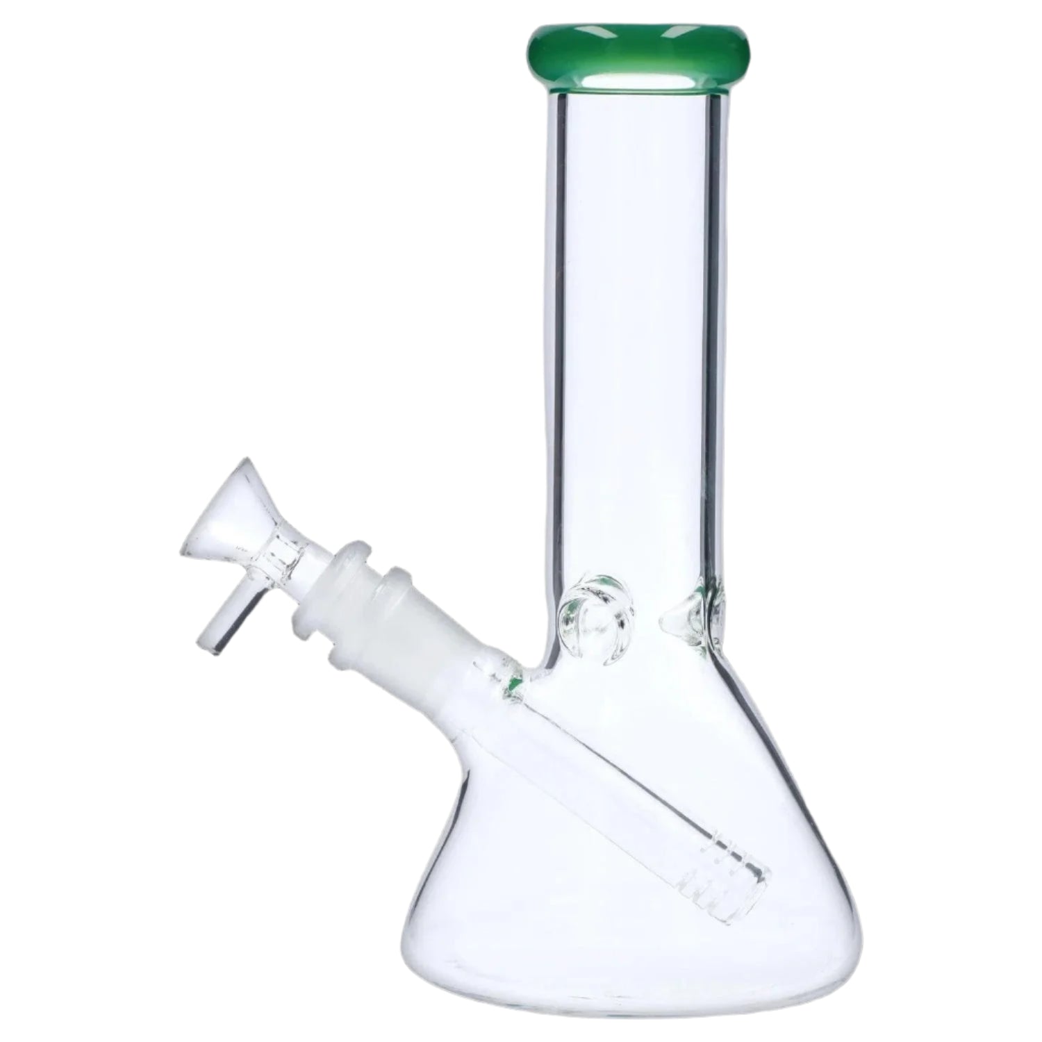 Side view of the 8‚Äù 4mm Colored Mouthpiece Beaker showing a clear glass beaker body with a green colored mouthpiece against a white background