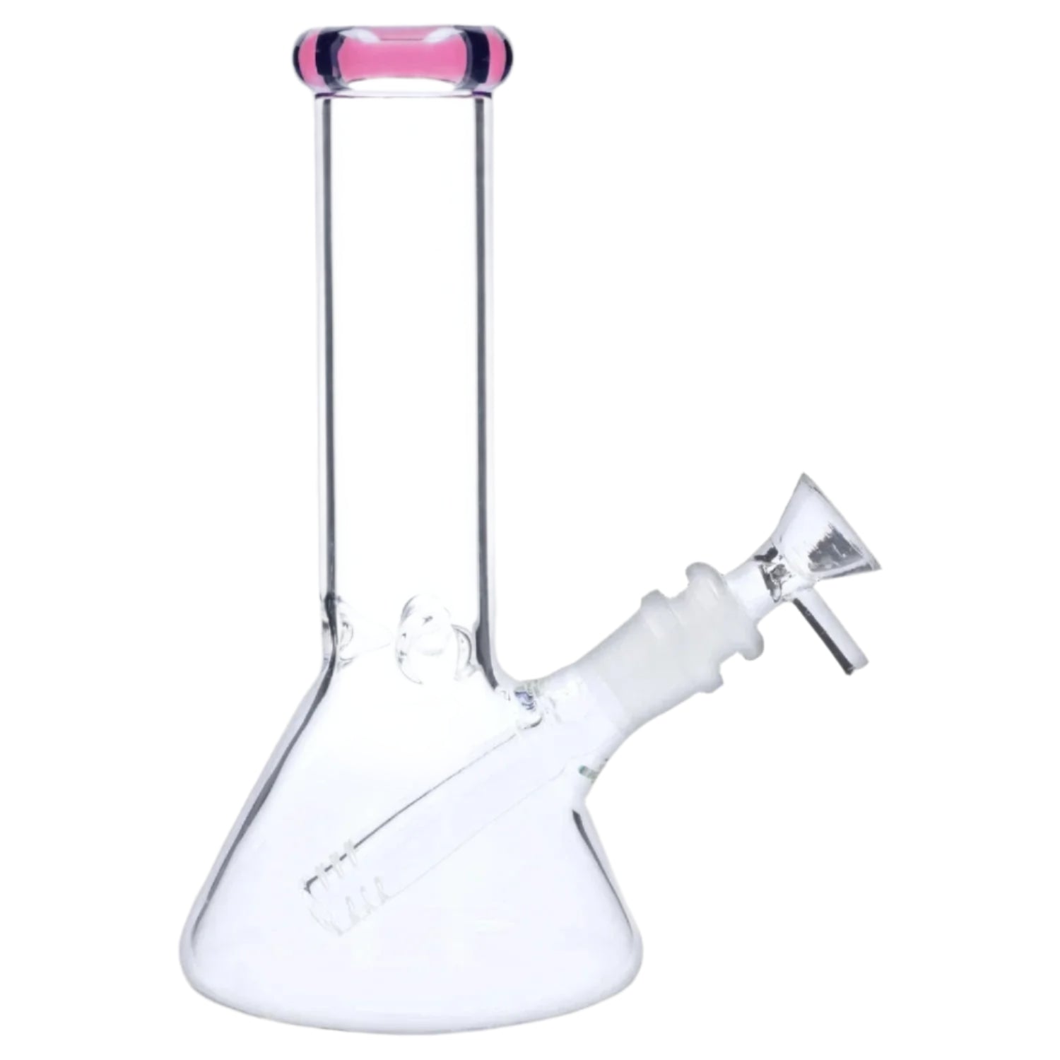 Side view of the 8‚Äù 4mm Colored Mouthpiece Beaker showing a clear glass angled beaker body with a pink-rimmed mouthpiece against a white background