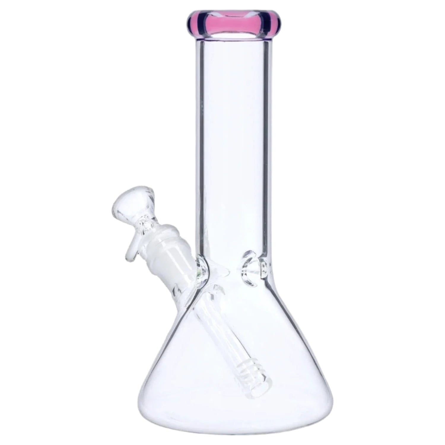 Front view of the 8‚Äù 4mm Colored Mouthpiece Beaker showing a clear glass beaker body with a pink-rimmed mouthpiece and angled downstem.